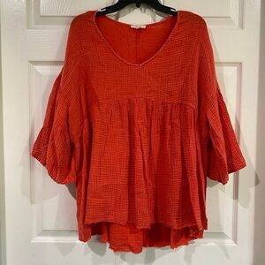 Easel Orange Gauze Oversized Top Size M Peasant Boho Lagenlook Fall Babydoll